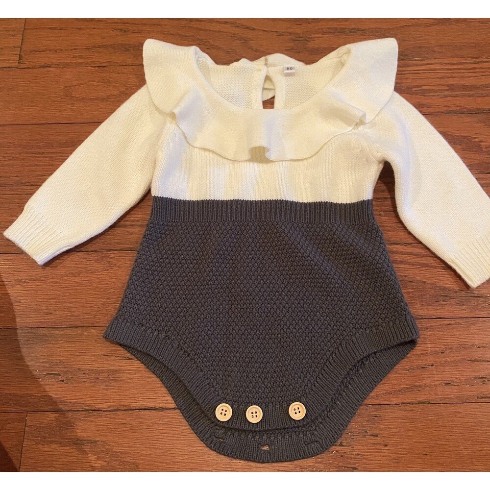 Vintage Baby Girls One Piece Ruffle Tone tone bodysuit Size 9Months? White Grey